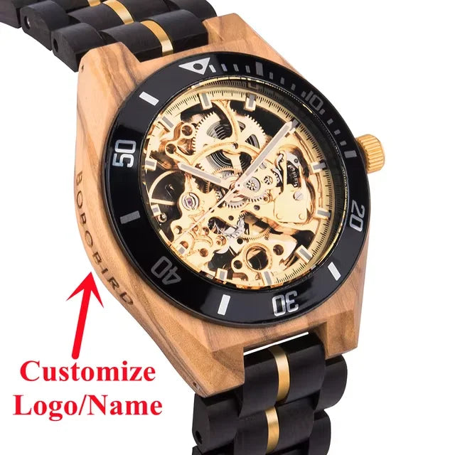 BOBO BIRD Wooden Automatic Mechanical Watch Men New Top Luxury Wristwatch Fashion Luminous Clock Great Gift Wood Box Custom Logo