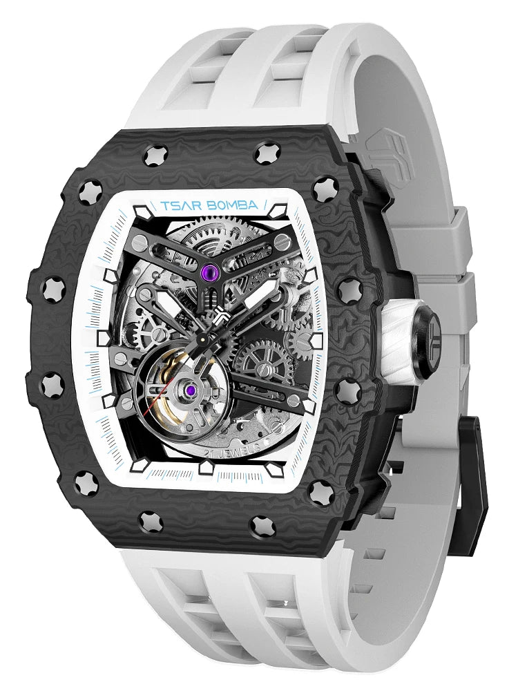 TSAR BOMBA Automatic Watch for Men Carbon Fiber Bezel Skeleton Mechanical Watches Luxury Clock Waterproof Mens WristWatch