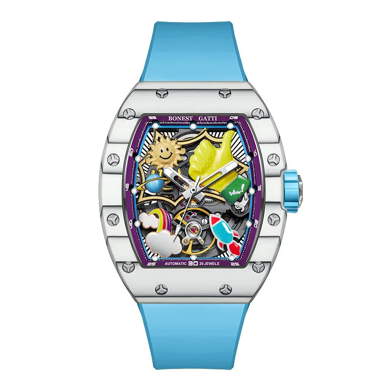BONEST GATTI Men Automatic Watch 52mm Tonneau Mechanical Wristwatch Carbon Fiber Sapphire Mirror Luminous 3D Cartoon Dial