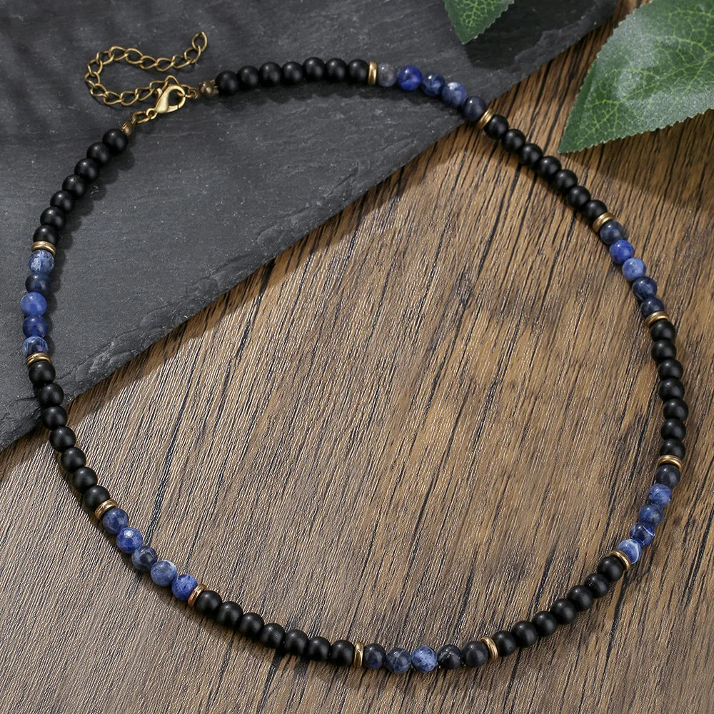 1PC Fashion Vintage Black Beaded Necklace for Men Lava Stone Necklace Men Jewelry
