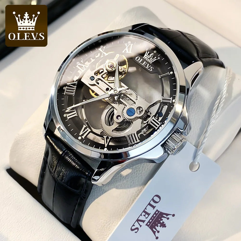 OLEVS 6661 Full Transparant Skelton Flywheel Automatic Mechanical Men's Watch Leather Strap Luxury Brand Original Man Wristwatch