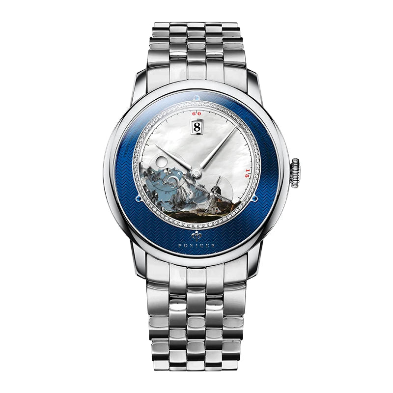 PONIGER Luxury Men's Watch Japanese Automatic Movement Landscape Painting Design Stainless Steel Waterproof Multifunction Clock