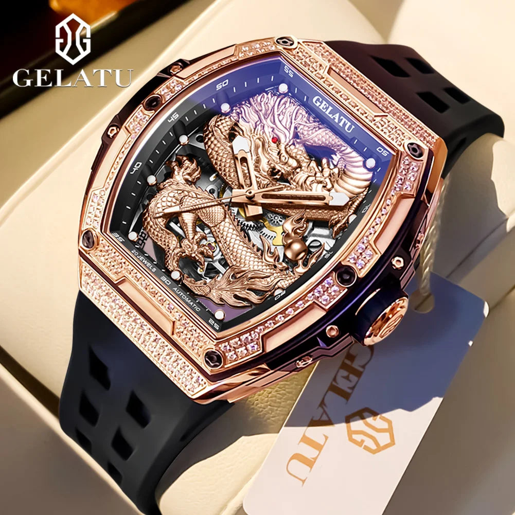 GELATU 6021 Men's Watch Fashion Automatic Mechanical Watch For Men Hollow Waterproof Luminous Dragon Dial Luxury Man Wristwatch