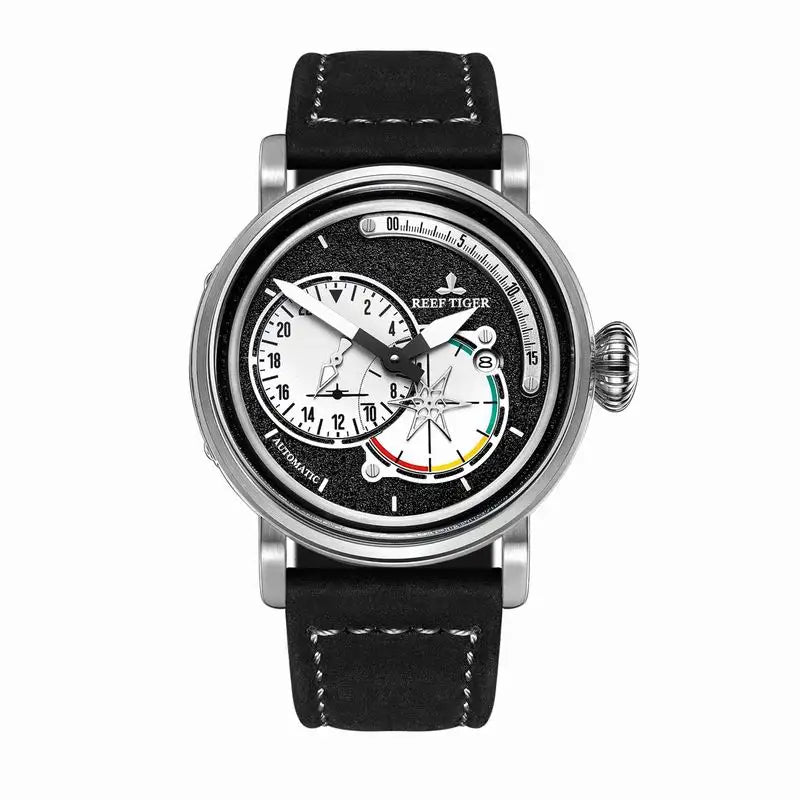 Reef Tiger/RT Steel Pilot Watches for Mens Luminous Automatic Military Watches Genuine Leather Strap RGA3019