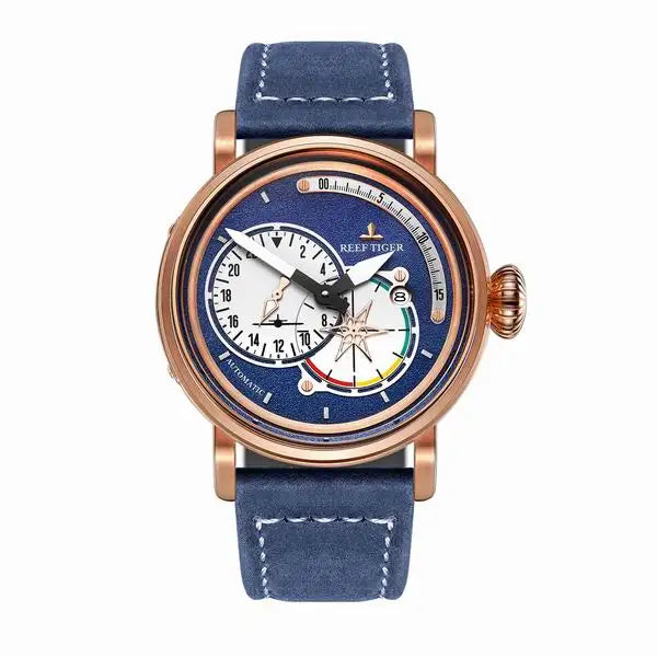 Reef Tiger/RT Steel Pilot Watches for Mens Luminous Automatic Military Watches Genuine Leather Strap RGA3019