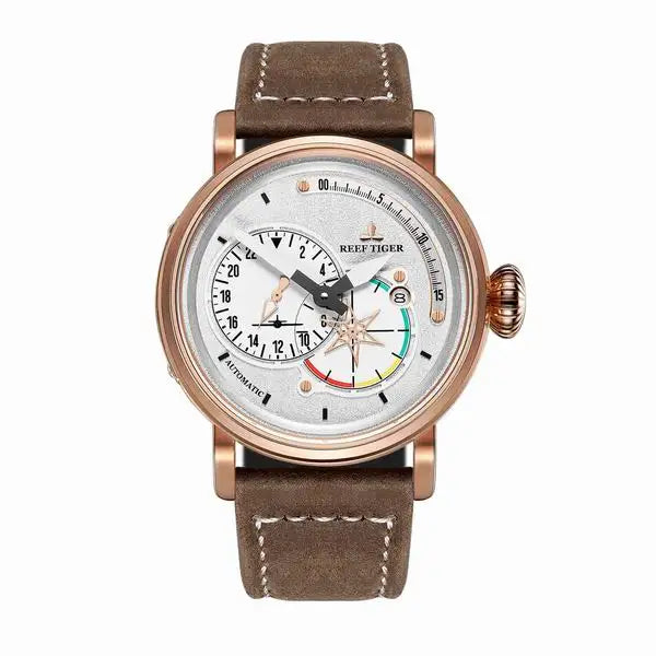 Reef Tiger/RT Steel Pilot Watches for Mens Luminous Automatic Military Watches Genuine Leather Strap RGA3019