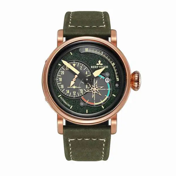 Reef Tiger/RT Steel Pilot Watches for Mens Luminous Automatic Military Watches Genuine Leather Strap RGA3019