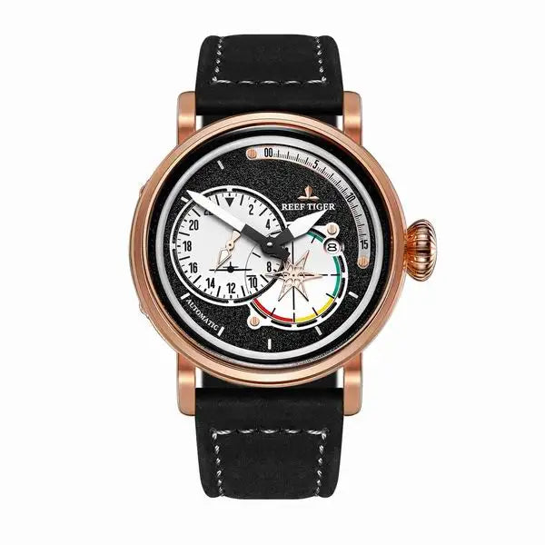 Reef Tiger/RT Steel Pilot Watches for Mens Luminous Automatic Military Watches Genuine Leather Strap RGA3019