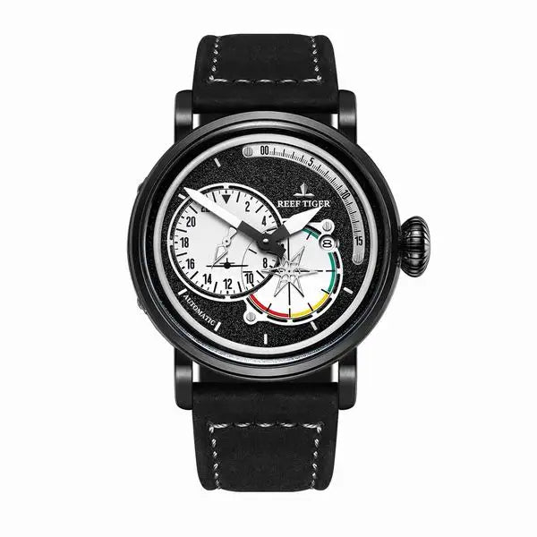 Reef Tiger/RT Steel Pilot Watches for Mens Luminous Automatic Military Watches Genuine Leather Strap RGA3019