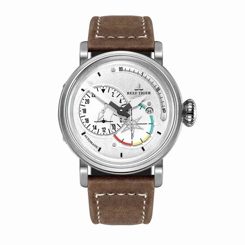Reef Tiger/RT Steel Pilot Watches for Mens Luminous Automatic Military Watches Genuine Leather Strap RGA3019
