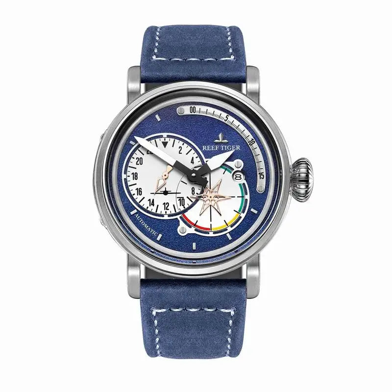 Reef Tiger/RT Steel Pilot Watches for Mens Luminous Automatic Military Watches Genuine Leather Strap RGA3019