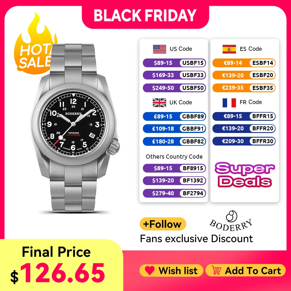 Boderry Voyager Field Watch Titanium Automatic Dive Wristwatch 100M Waterproof Titanium Bracelet For Seiko Movement Watch Men