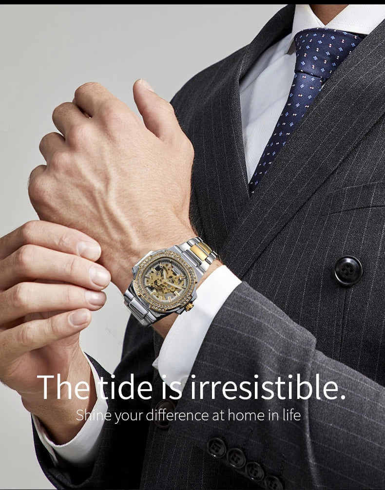 LONGLUX automatic man watch luxury stainless steel wholesale mechanical wristwatches skeleton waterproof diamond watch man watch