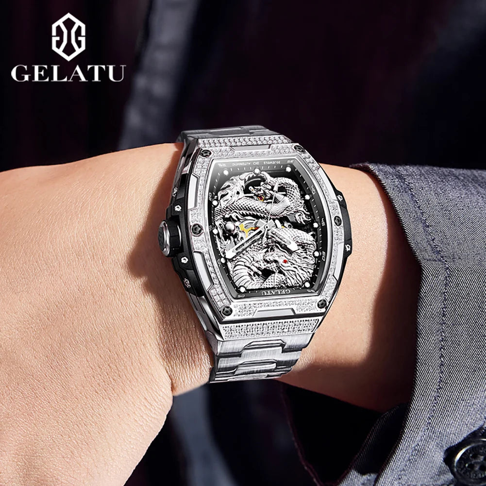 GELATU 6021 Men's Watch Fashion Automatic Mechanical Watch For Men Hollow Waterproof Luminous Dragon Dial Luxury Man Wristwatch