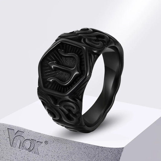 Vnox Black Tridant Signet Ring for Men, 13.3mm Chunky Wide Hexagon Geometric Top Finger Band, Strength Power Symbol Jewelry