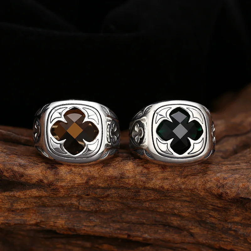 Wholesale Thai silver retro trendy personalized jewelry men's and women's rings adjustable S925 silver inlaid green zircon ring