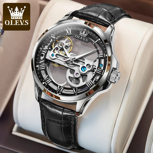 OLEVS 6661 Full Transparant Skelton Flywheel Automatic Mechanical Men's Watch Leather Strap Luxury Brand Original Man Wristwatch