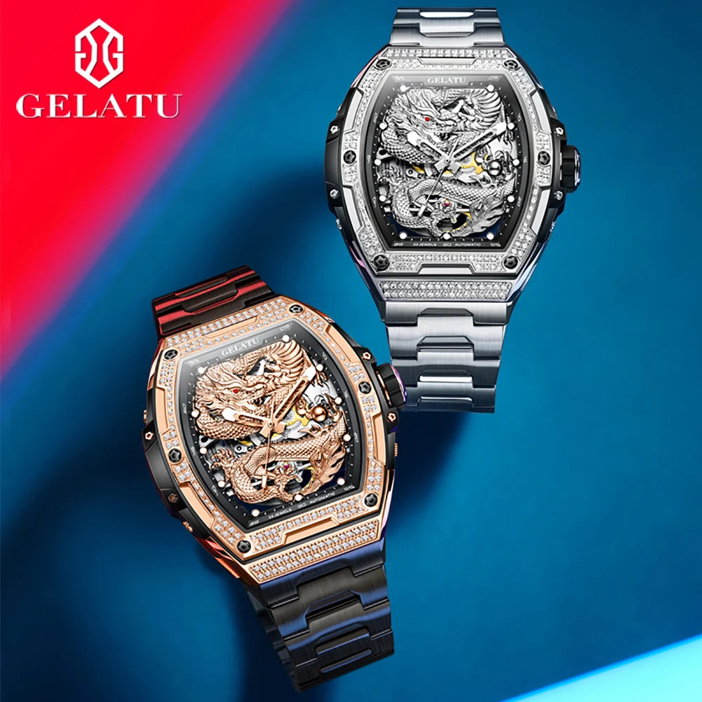 GELATU 6021 Men's Watch Fashion Automatic Mechanical Watch For Men Hollow Waterproof Luminous Dragon Dial Luxury Man Wristwatch
