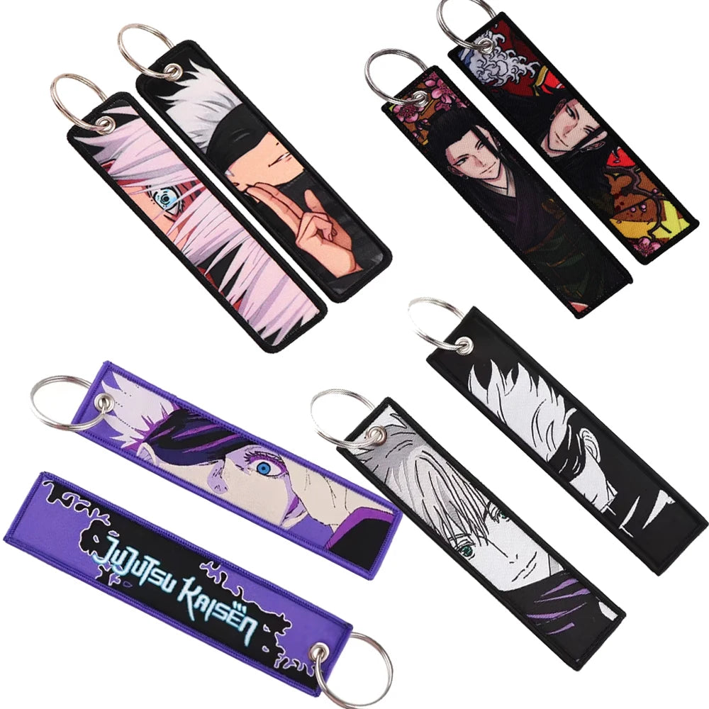 Anime Jujutsu Kaisen Satoru Gojo Geto Suguru Embroidery Key Fobs Japanese Manga Key Tag Keychain Key Ring Backpack Chaveiro