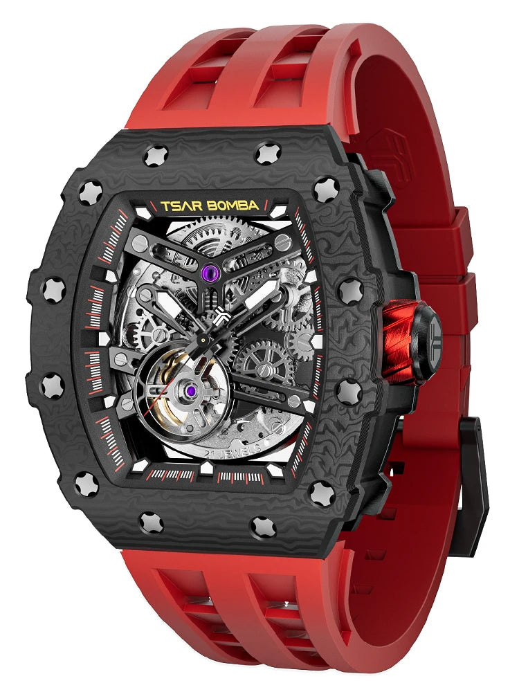 TSAR BOMBA Automatic Watch for Men Carbon Fiber Bezel Skeleton Mechanical Watches Luxury Clock Waterproof Mens WristWatch