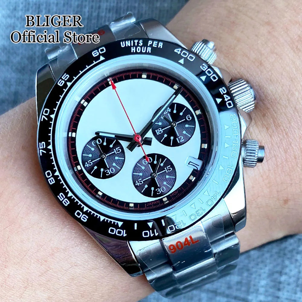 Fashion 39mm Quartz Chronograph Sapphire Crystal Men's Watch VK63 Cartoon Printing Pattern Stainless Steel White Black Dial