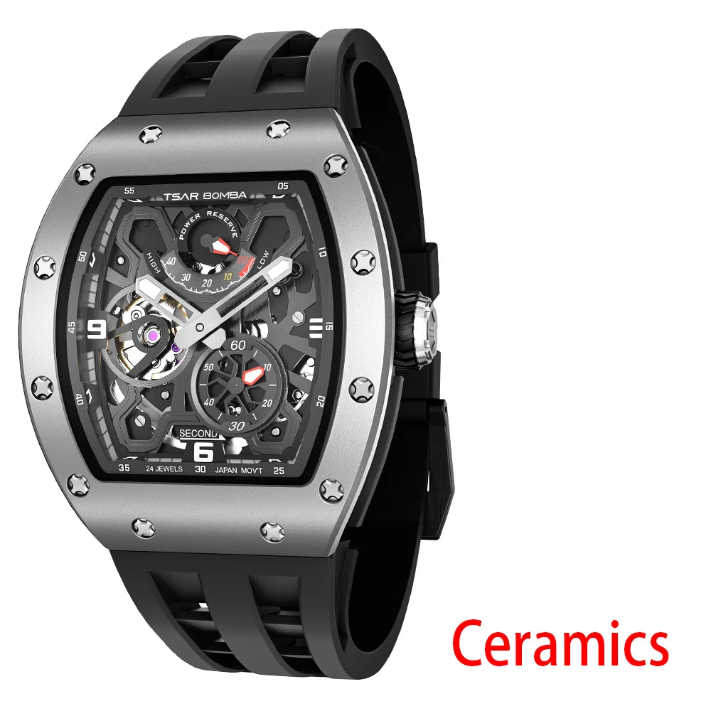TSAR BOMBA Ceramics Automatic Mechanical Watch for Men Waterproof Luminous Skeleton Wristwatch Luxury Sapphire Clock