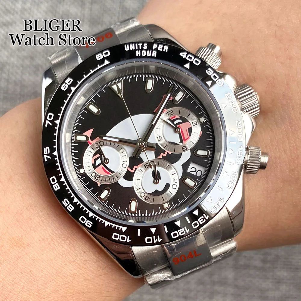 Fashion 39mm Quartz Chronograph Sapphire Crystal Men's Watch VK63 Cartoon Printing Pattern Stainless Steel White Black Dial