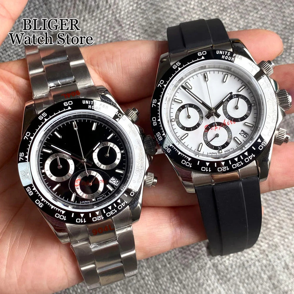 Fashion 39mm Quartz Chronograph Sapphire Crystal Men's Watch VK63 Cartoon Printing Pattern Stainless Steel White Black Dial