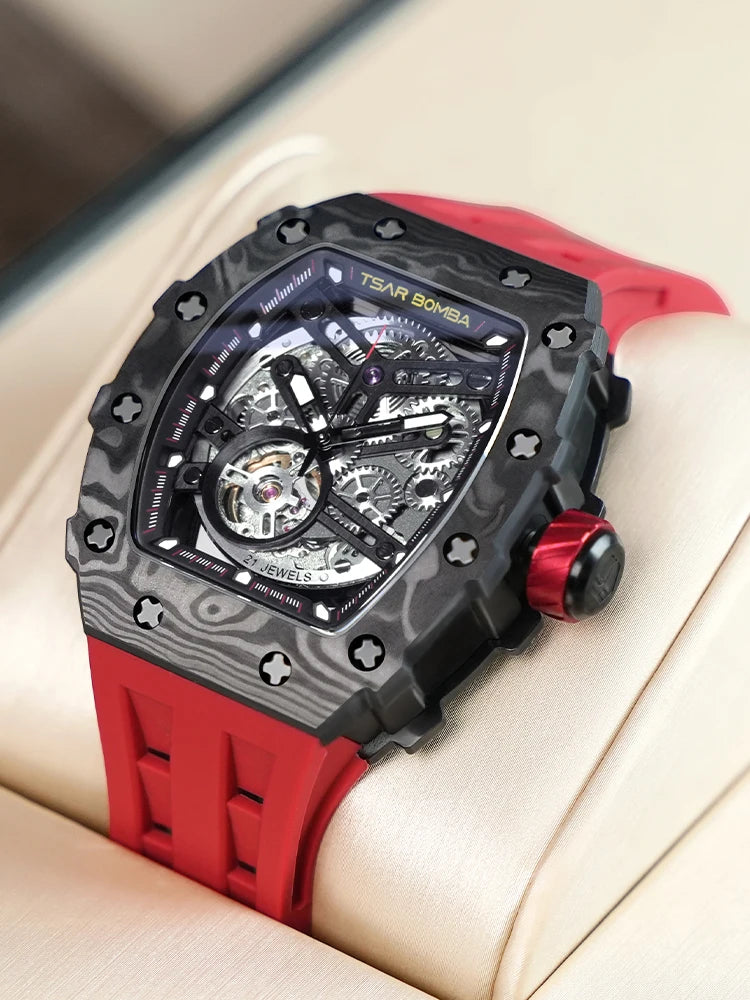 TSAR BOMBA Automatic Watch for Men Carbon Fiber Bezel Skeleton Mechanical Watches Luxury Clock Waterproof Mens WristWatch