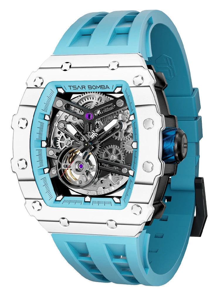 TSAR BOMBA Automatic Watch for Men Carbon Fiber Bezel Skeleton Mechanical Watches Luxury Clock Waterproof Mens WristWatch