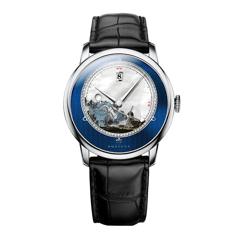 PONIGER Luxury Men's Watch Japanese Automatic Movement Landscape Painting Design Stainless Steel Waterproof Multifunction Clock