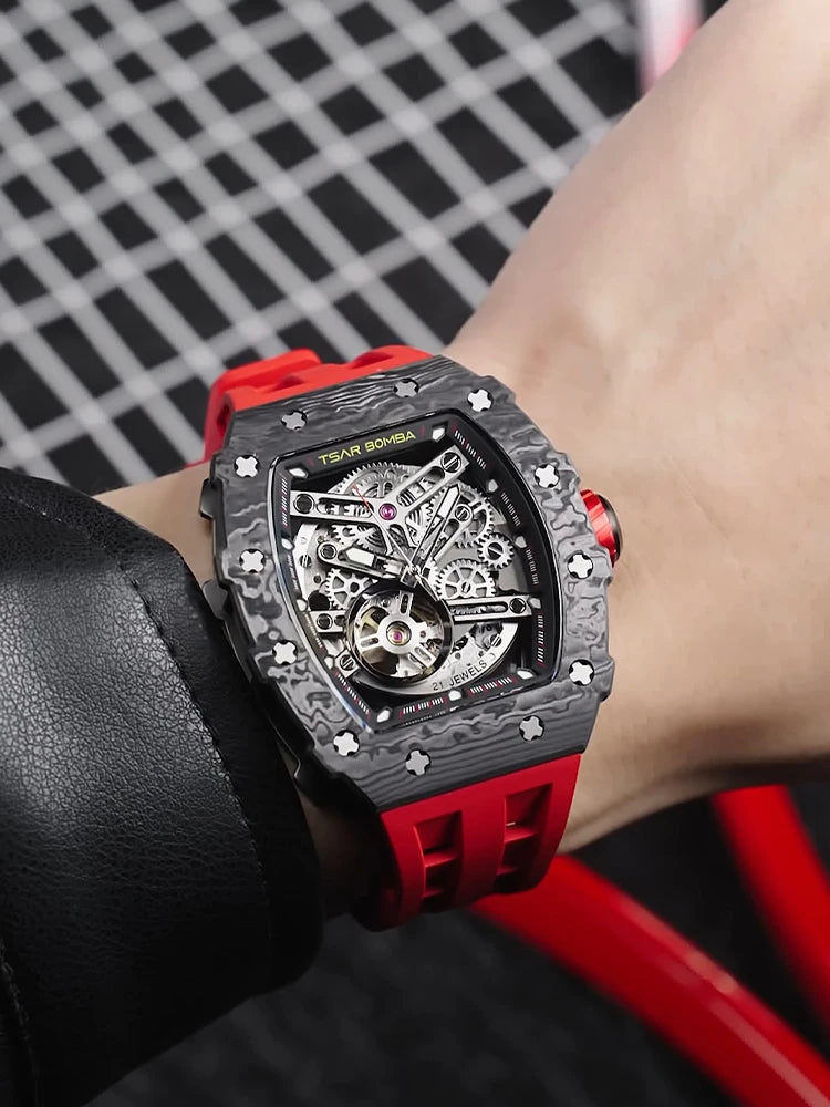 TSAR BOMBA Automatic Watch for Men Carbon Fiber Bezel Skeleton Mechanical Watches Luxury Clock Waterproof Mens WristWatch