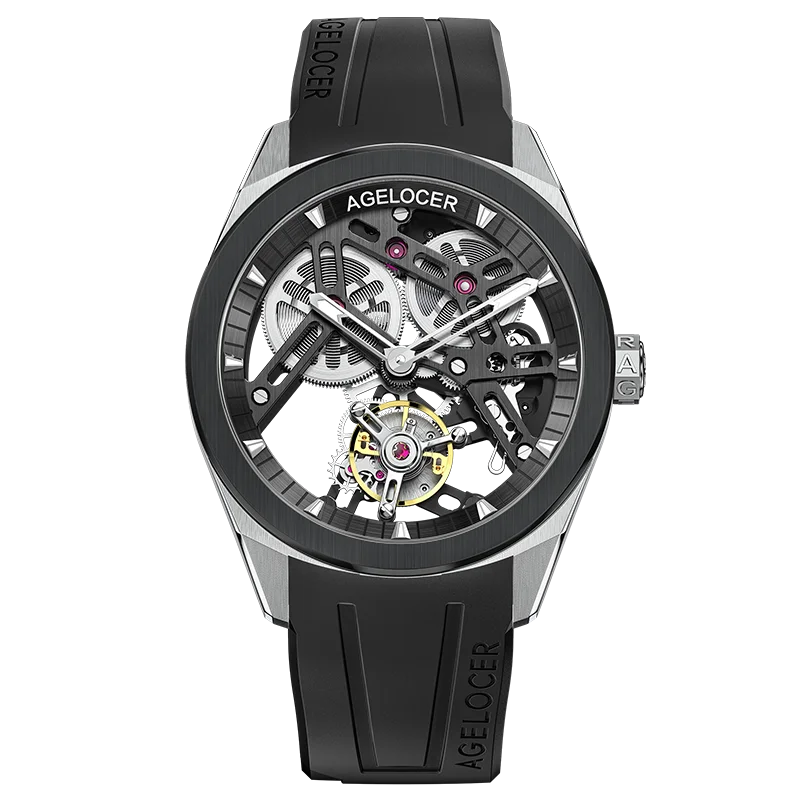 AGELOCER Original Tourbillon Watch Ceramic Bezel Men's Vogue Luxury Skeleton Manual Mechanical Watch Birthday Gift for Men