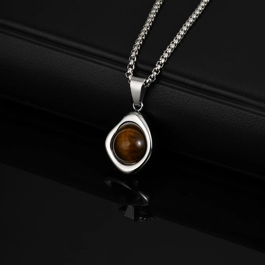Stainless Steel Irregular Pendant Necklace for Men, Vintage Natural Agate Tiger Eye Stone Necklace, Fashion Punk Jewelry Gift