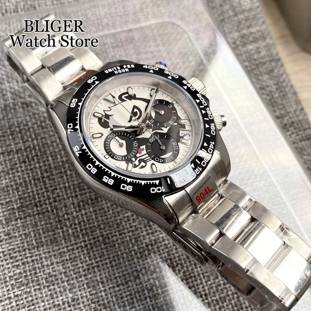 Fashion 39mm Quartz Chronograph Sapphire Crystal Men's Watch VK63 Cartoon Printing Pattern Stainless Steel White Black Dial