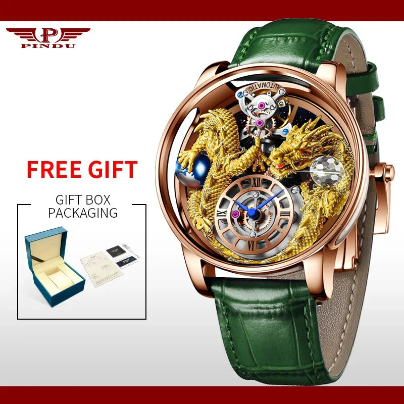 PINDU New Watchmakings House of Dragons Astronomia Art 3D Gold Dragon Astronomia Quartz Watch Men Astronomia Solar Montre Homme