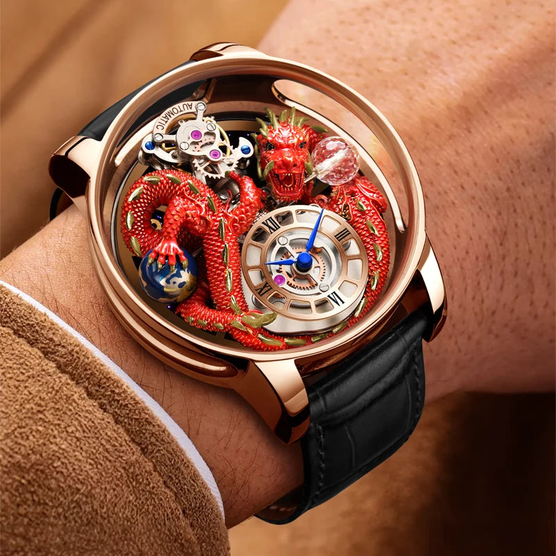 PINDU Design Celestial Body Series Traditionnelle Artisanat Three Dimensional Dragon Men Watch Curved Mirror Transparent Globe