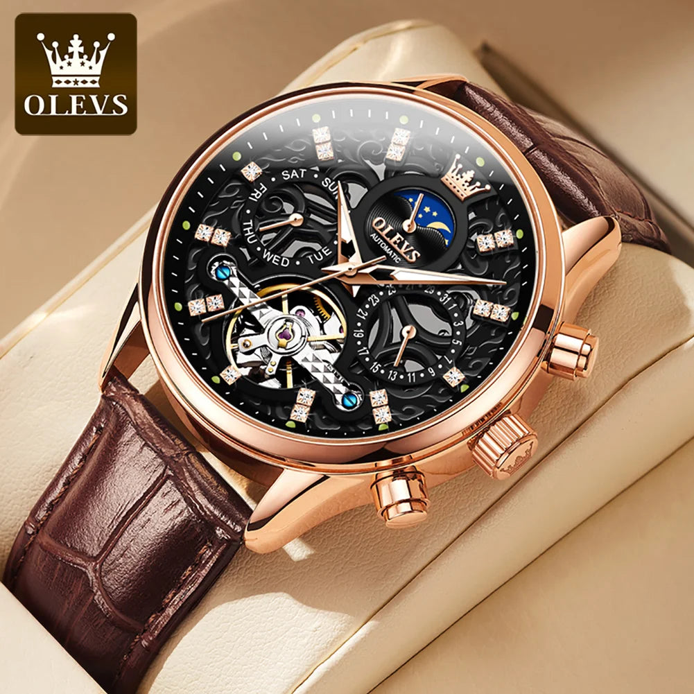 OLEVS 6658 Mens Watch Business Leather Strap Reloj  Hollow out Mechanical Automatic Wristwatch Waterproof Luminous Watch For Man