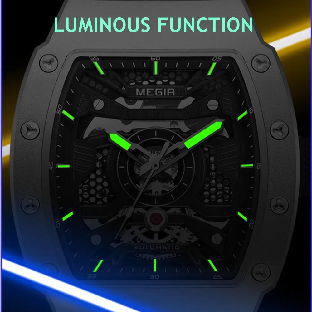 MEGIR Mens Watches Skeleton Mechanical Automatic Wristwatches Luminous Waterproof Large Dial Casual Watch Clock Gift for Men