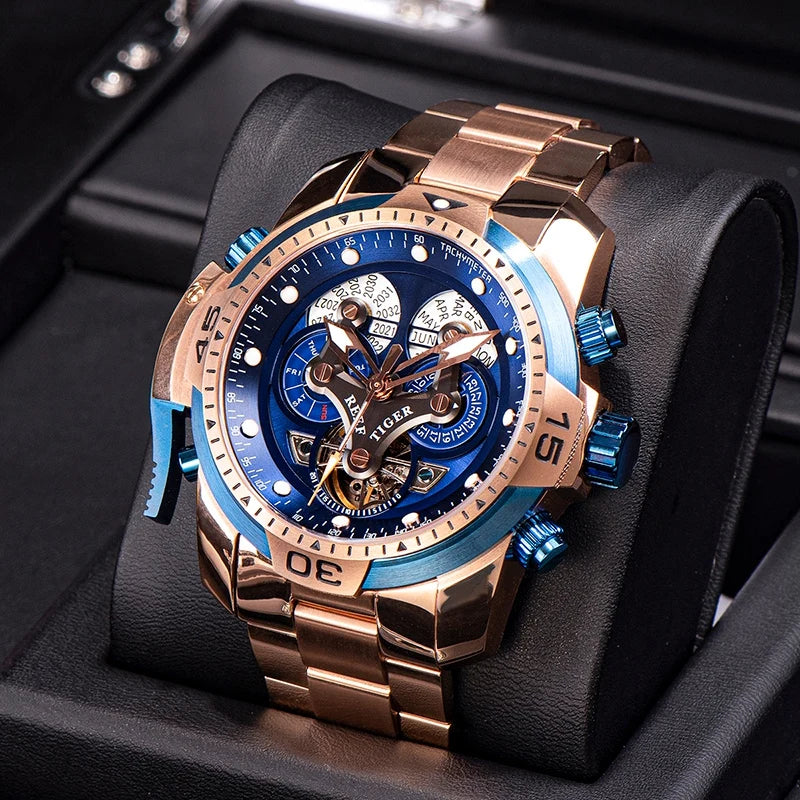 Reef Tiger/RT Designer Sport Mens Watch with Perpetual Calendar Date Day Complicated Blue Dial Mechanical Bracelet Watch RGA3503