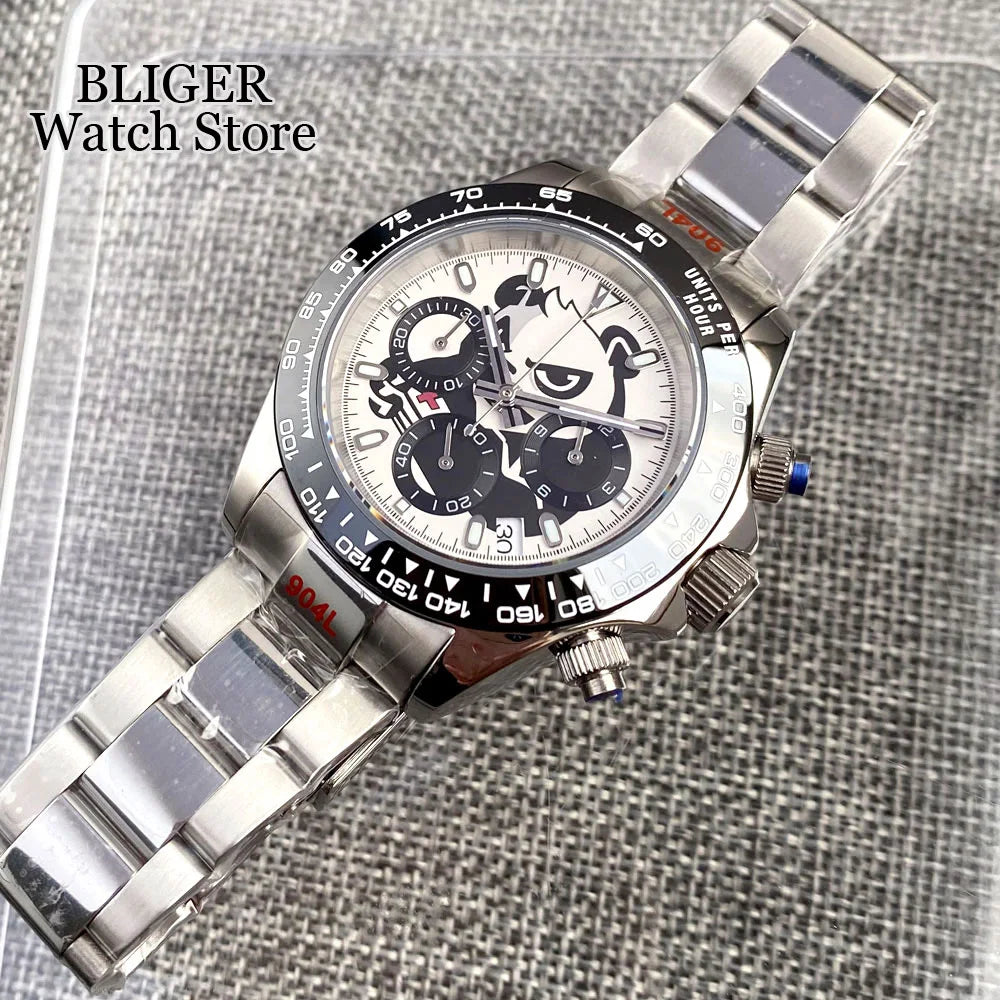 Fashion 39mm Quartz Chronograph Sapphire Crystal Men's Watch VK63 Cartoon Printing Pattern Stainless Steel White Black Dial