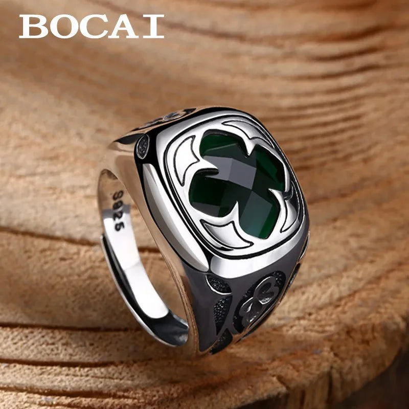 Wholesale Thai silver retro trendy personalized jewelry men's and women's rings adjustable S925 silver inlaid green zircon ring