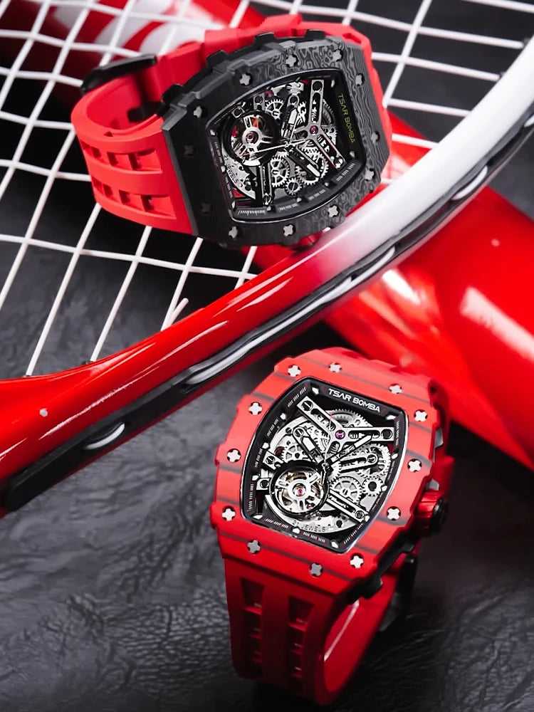 TSAR BOMBA Automatic Watch for Men Carbon Fiber Bezel Skeleton Mechanical Watches Luxury Clock Waterproof Mens WristWatch