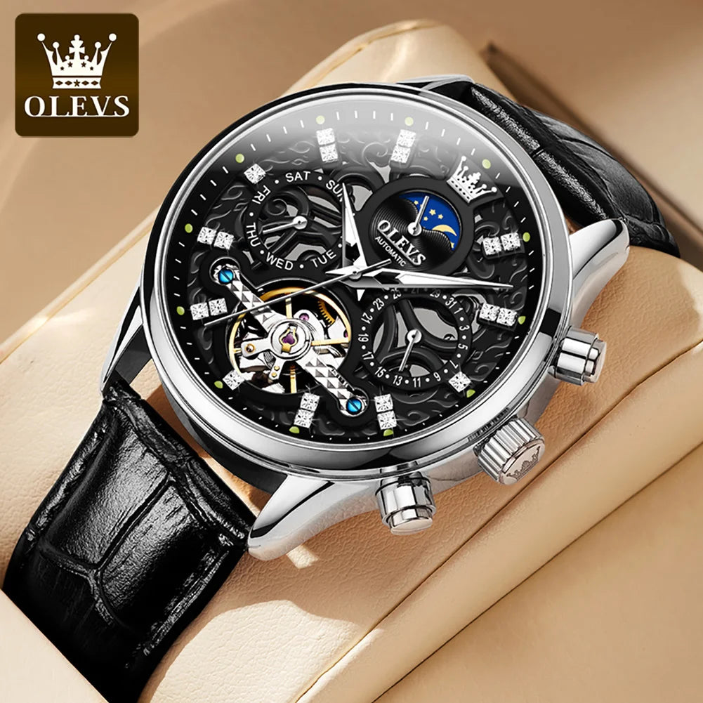 OLEVS 6658 Mens Watch Business Leather Strap Reloj  Hollow out Mechanical Automatic Wristwatch Waterproof Luminous Watch For Man