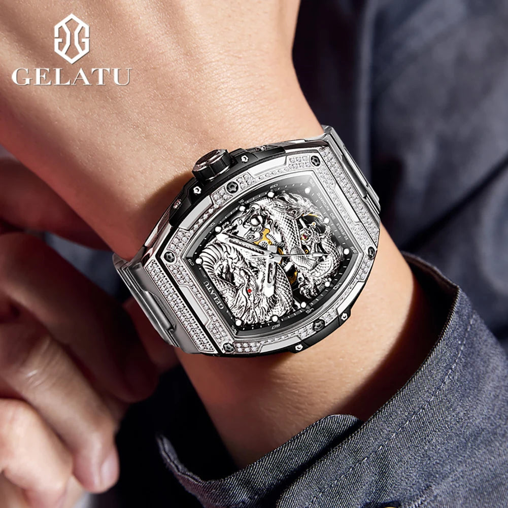 GELATU 6021 Men's Watch Fashion Automatic Mechanical Watch For Men Hollow Waterproof Luminous Dragon Dial Luxury Man Wristwatch