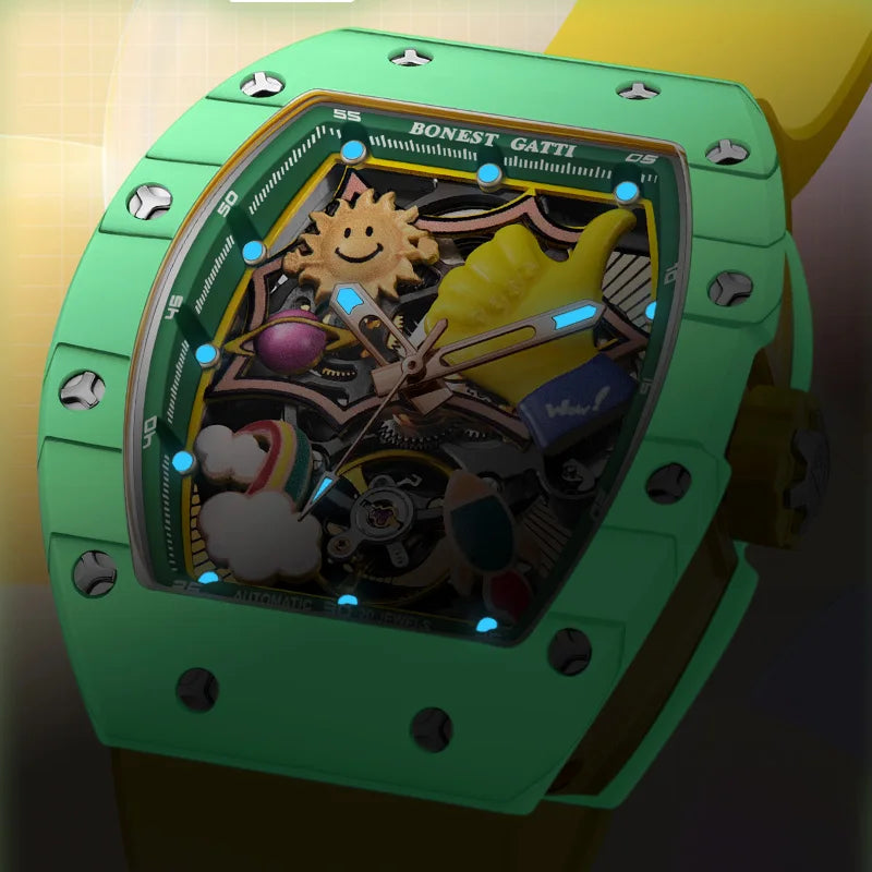 BONEST GATTI Men Automatic Watch 52mm Tonneau Mechanical Wristwatch Carbon Fiber Sapphire Mirror Luminous 3D Cartoon Dial