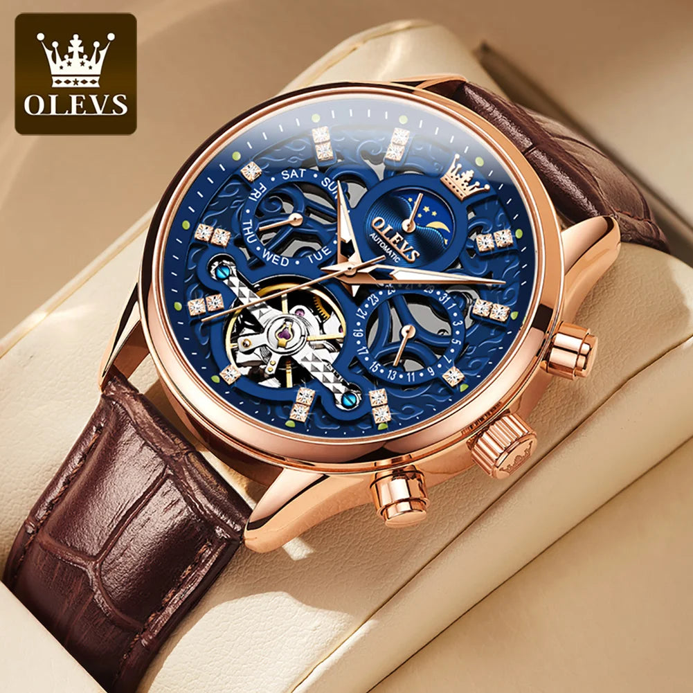 OLEVS 6658 Mens Watch Business Leather Strap Reloj  Hollow out Mechanical Automatic Wristwatch Waterproof Luminous Watch For Man
