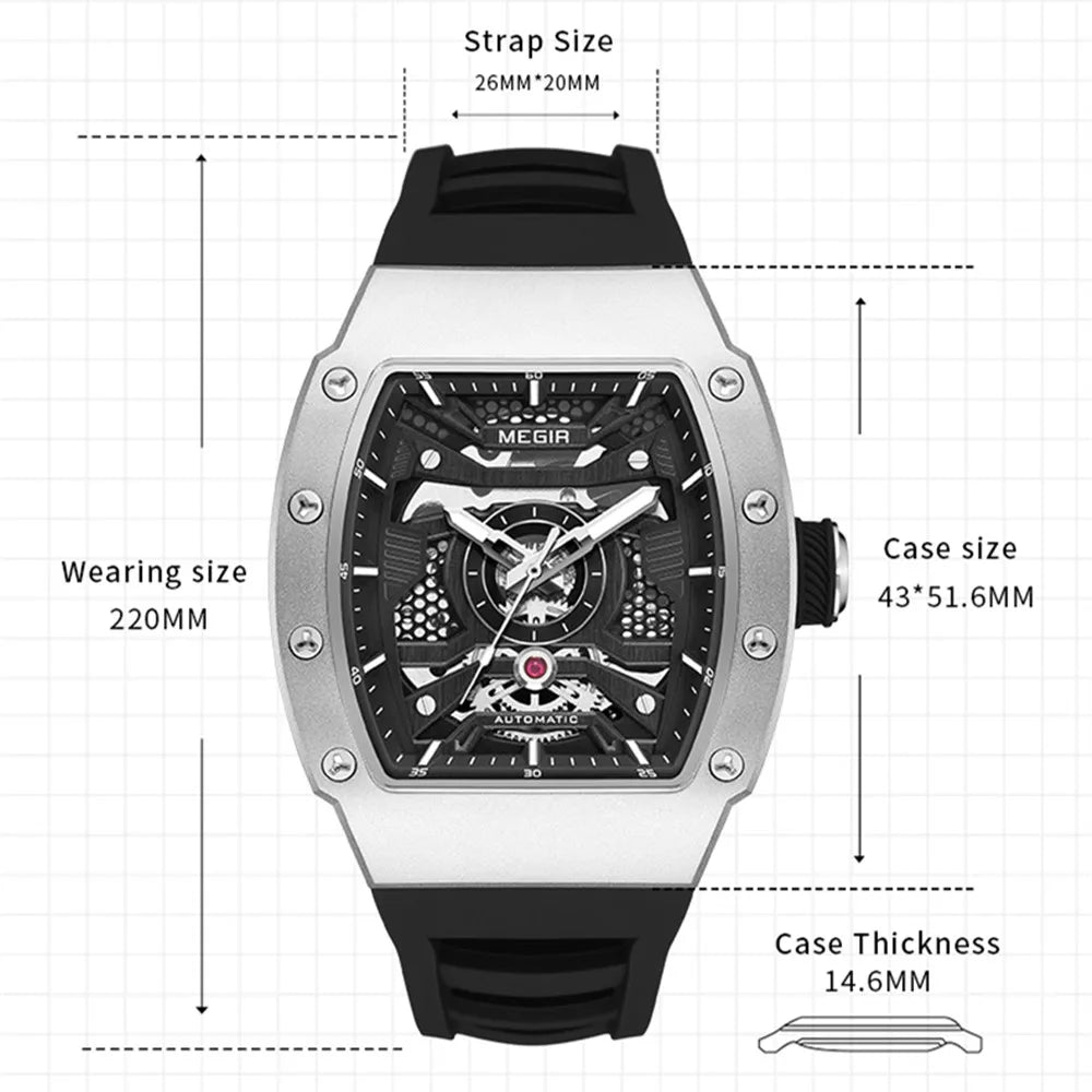 MEGIR Mens Watches Skeleton Mechanical Automatic Wristwatches Luminous Waterproof Large Dial Casual Watch Clock Gift for Men
