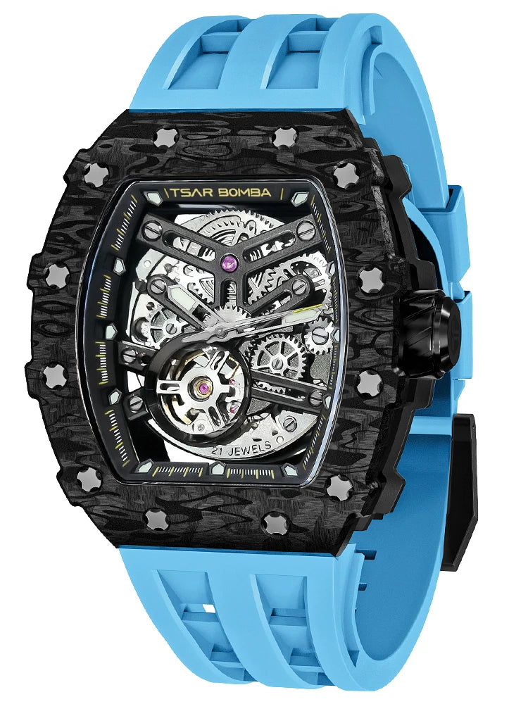 TSAR BOMBA Automatic Watch for Men Carbon Fiber Bezel Skeleton Mechanical Watches Luxury Clock Waterproof Mens WristWatch