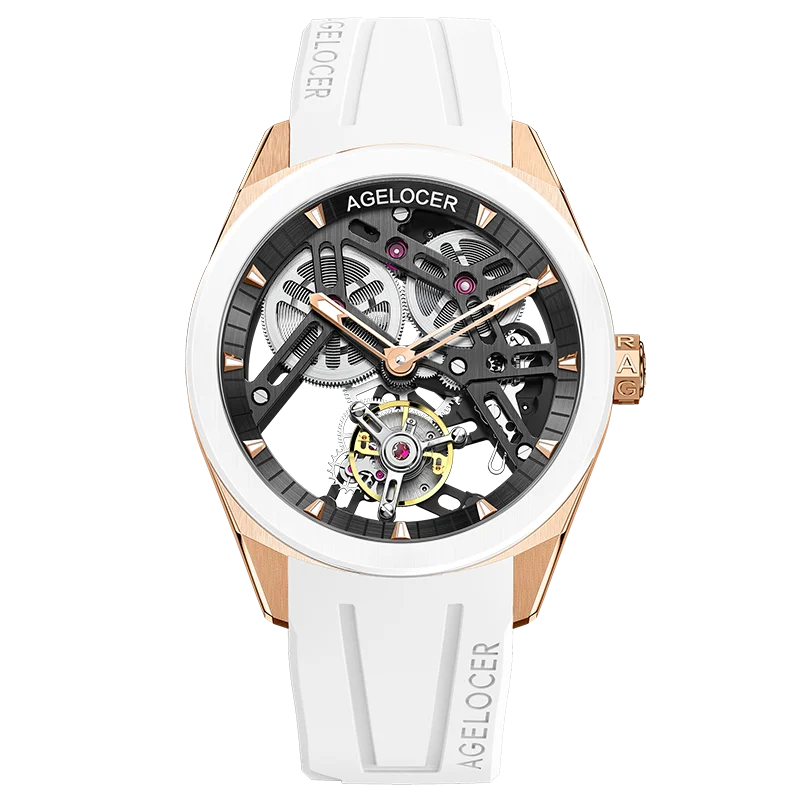 AGELOCER Original Tourbillon Watch Ceramic Bezel Men's Vogue Luxury Skeleton Manual Mechanical Watch Birthday Gift for Men